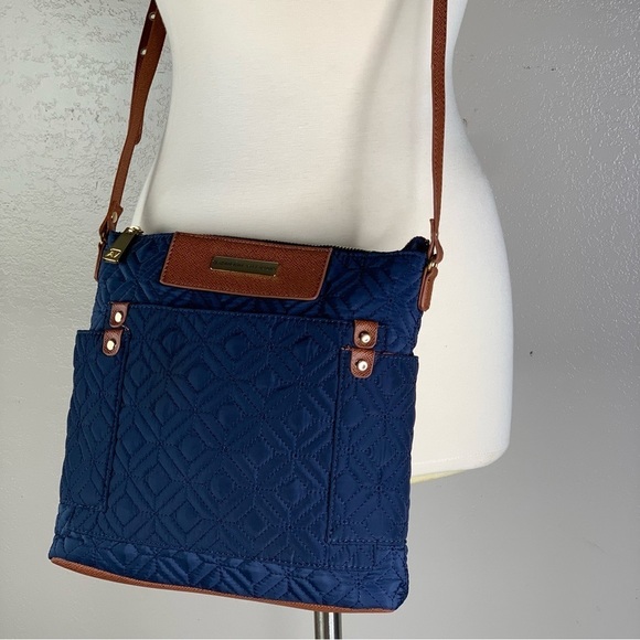 Navy Quilted Fabric Crossbody with Cognac Adjustable Strap Gold Accents Top Zip - Picture 7 of 16